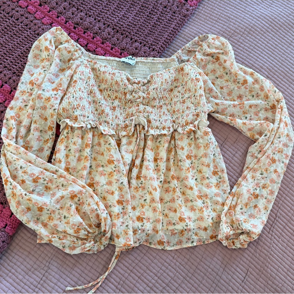 ARULA Floral Smocked Top in Cream and Orange